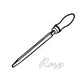 Hand-draw black vector illustration of metallic locksmith tool isolated on a white background with lettering rasp Royalty Free Stock Photo