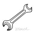 Hand-draw black vector illustration of metallic locksmith tool isolated on a white background with lettering wrench