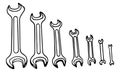 Hand-draw black vector illustration of metallic locksmith wrenches tool set isolated on a white background