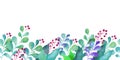 Hand draw border with watercolor leaves, illusration, sketch, green color, blue color, purple color herbal ornament Royalty Free Stock Photo