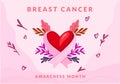 hand draw breast cancer awareness month banner with bow ribbon twist heart and flower plants