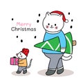 Hand draw cartoon cute Merry Christmas, Cat and mouse and gift box and tree christmas vector. Royalty Free Stock Photo