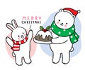 Hand draw cartoon cute Merry Christmas, Polar bear and rabbit and cake vector.