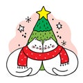 Hand draw cartoon cute Merry Christmas, Couple cats and christmas tree vector.