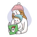 Hand draw cartoon cute Merry Christmas, Mother reading book for baby vector. Royalty Free Stock Photo