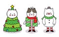 Hand draw cartoon cute Merry Christmas, Macot cats tree christmas and gift box and snowman vector.