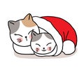 Hand draw cartoon cute Merry Christmas, Mother and baby cat in red hat vector. Royalty Free Stock Photo