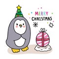 Hand draw cartoon cute Merry Christmas, Penguin and egg gift vector. Royalty Free Stock Photo