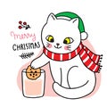 Hand draw cartoon cute Merry Christmas, cat eating cookies and milk vector.