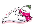 Hand draw cartoon cute seal drink coffee vctor.