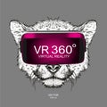 Hand draw cheetah portrait in virtual reality glasses. Hand draw vector illustration