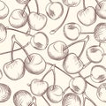 Hand draw cherries seamless pattern. Engraving style Royalty Free Stock Photo