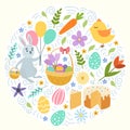 Hand draw colorful floral circle Easter pattern with eggs chiken rabbit flowers Easter bunny white background Royalty Free Stock Photo