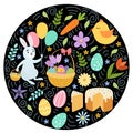 Hand draw colorful floral circle pattern with eggs chiken rabbit flowers. Cute easter bunny on black background Royalty Free Stock Photo