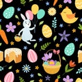 Hand draw colorful floral seamless pattern with eggs chiken rabbit flowers. Easter bunny Royalty Free Stock Photo