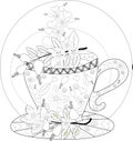 Hand draw coloring book for adult. Teatime. Cups of tea fruits and flowers