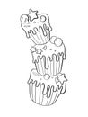 contour line illustration cartoon style childish cute food birthday cakes with berries and chocolate design element for pastry