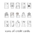 Hand draw credit card icons. Collection of Linear signs of loans.