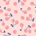 Hand draw cute seamless pattern with cherry on pink background. Royalty Free Stock Photo