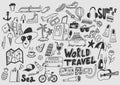 Hand draw doodle travel symbols Tourism and traveling