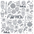 Hand draw doodles of Africa word. Colorful illustration. Background with lots of objects.