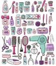 Hand draw elements of cosmetology, hairdressing, makeup and manicure. Cosmetic instrument isolated.