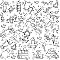 Hand draw firework icon set with petard, stars and pyrotechnics. Festival and event, celebrate and party. Vector pattern