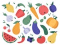 Hand draw fruits and vegetables. Doodle organic vegan vegetables, tomato, eggplant and tasty fruits and berries. Natural