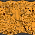 Hand draw giraffe portra on African hand draw ethno pattern, tribal background. Beautiful black woman. Profile view. Vector