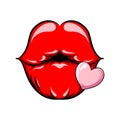 The hand draw of the glossy lips giving the kiss with love