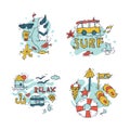 Hand draw icon set surfing collection and summer holiday for your design. Tourism and vacation theme.