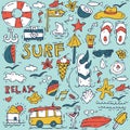 Hand draw icon set surfing collection and summer holiday for your design. Tourism and vacation theme.