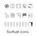 Hand draw icons football. Collection of linear signs of soccer.