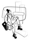 illustration cartoon style magazine sketch pensive girl rides the subway looks out the window trendy fashion image in trendy coats