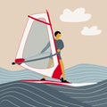 Hand draw illustration man on windsurf, abstract sea and sky background, water sports, riding on waves, summer holidays Royalty Free Stock Photo