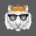 Hand draw Image Portrait tiger in the crown. Use for print, posters, t-shirts. Hand draw vector illustration