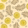Hand draw ingredient for warming tea. Whole and sliced ginger roots with lemon. Seamless pattern