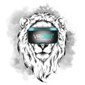 Hand draw lion portrait. Animal in virtual reality glasses . Hand draw vector illustration