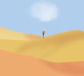 Hand draw the man walking lonely with orange umbrella on sand dune travel in desert after city reopen.