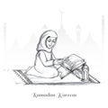 Hand draw muslim woman reading quran islamic holy book after praying sketch design