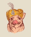 Hand draw a portrait of a ittle pig in fakir turban with feather. Vector sketch illustration. Symbol of a Chinese New Year 2019