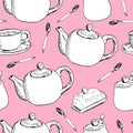 Hand draw seamless pattern. Cup of coffee, tea time. Vector illustration Royalty Free Stock Photo