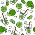Hand draw seamless pattern glass of mojito, ice cubes, mint leaves, lime slice and whole lime. Alcohol cocktail. Vector illustrati