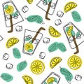 Hand draw seamless pattern glass of mojito, ice cubes, mint leaves, lime slice and whole lime. Alcohol cocktail. Vector illustrati Royalty Free Stock Photo