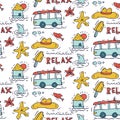 Hand draw seamless pattern surfing collection and summer holiday for your design. Tourism and vacation theme.