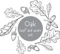 Hand draw set of oak leaves and acorn, black and white sketch Royalty Free Stock Photo