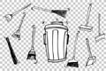 Hand Draw Sketch of Broom, brush and Trash Bin