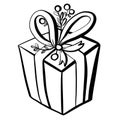 Sketch line close up holiday illustration doodle design element icon gift box birthday or christmas with bow and sprigs berries