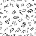 Vector Seamless Hand Draw Sketch Pattern, junk food icon doodle Burger, pizza, french fries, potato chip, hot dog, ice cream cone