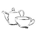 Hand draw sketch teapot and tea cup